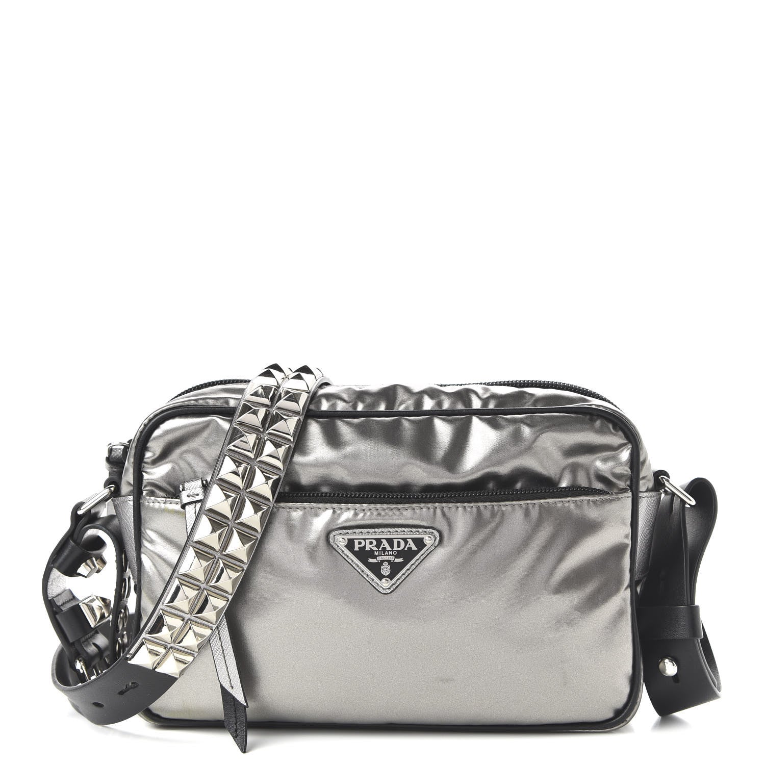Prada Metallic Tessuto Nylon Metal Studded Shoulder Bag Ferro Black 1 of 9