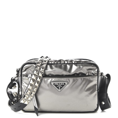 Prada Metallic Tessuto Nylon Metal Studded Shoulder Bag Ferro Black 1 of 9