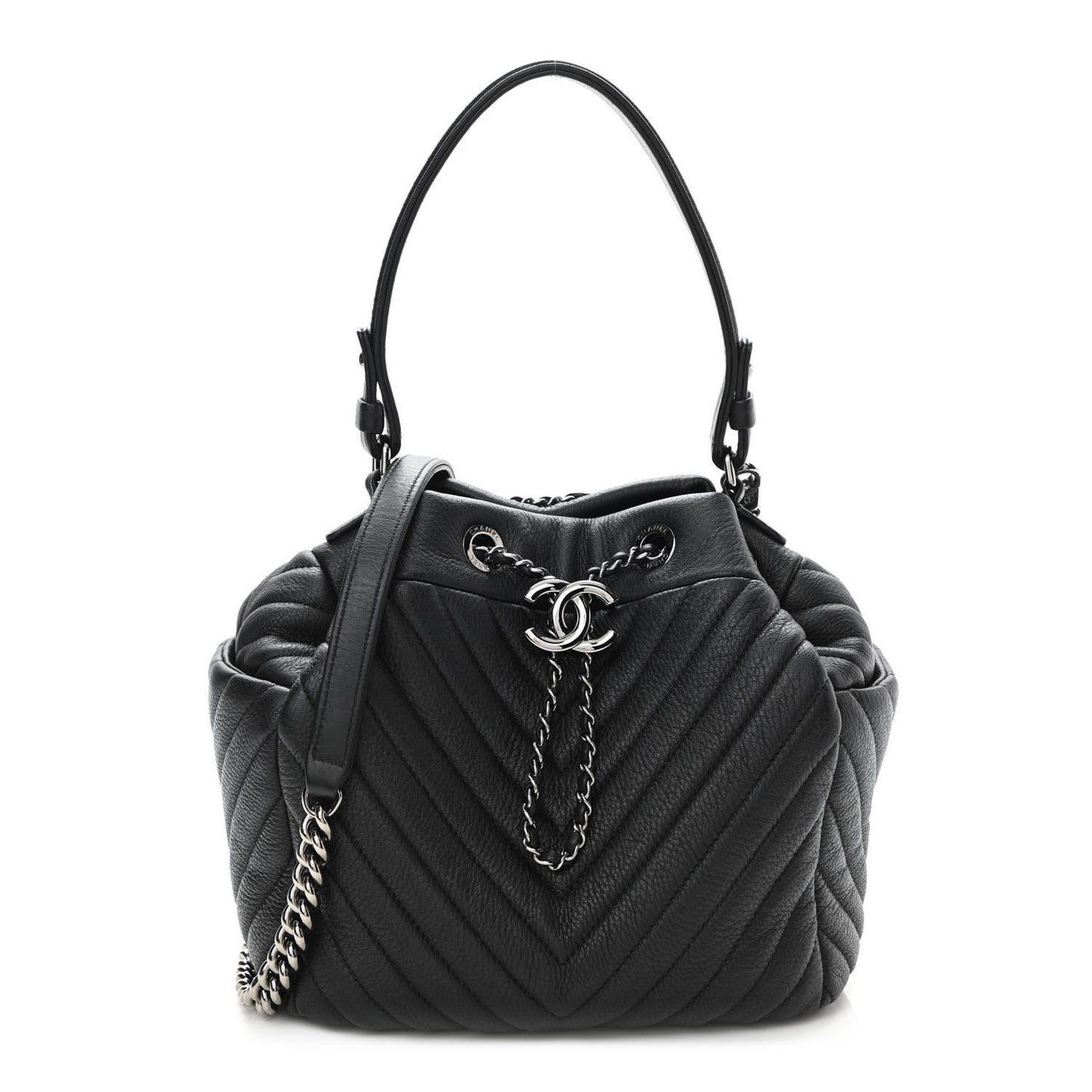 Deerskin Chevron Small CC Chain Bucket Drawstring Bag Black