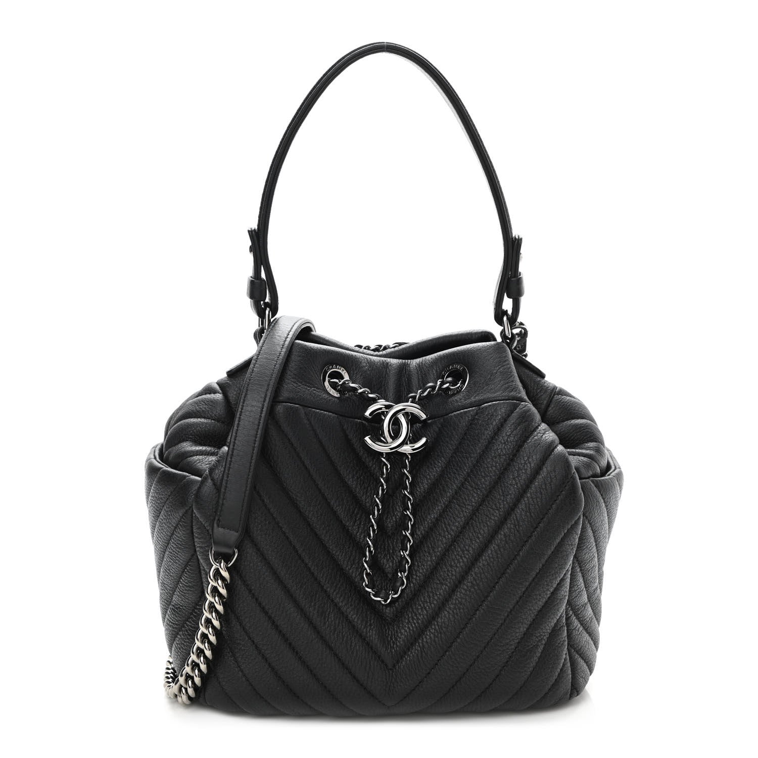 Chanel Deerskin Chevron Small CC Chain Bucket Drawstring Bag Black 1 of 10