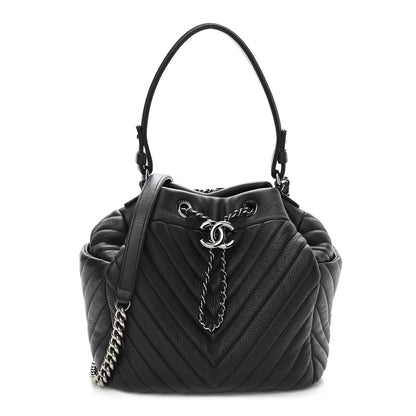 Chanel Deerskin Chevron Small CC Chain Bucket Drawstring Bag Black 1 of 10