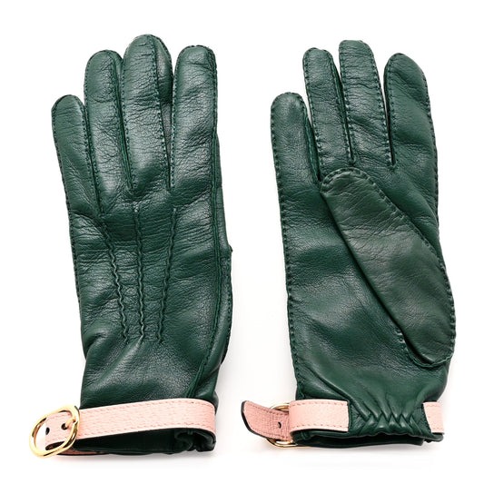 Calfskin Gloves With Buckle M Green Pink