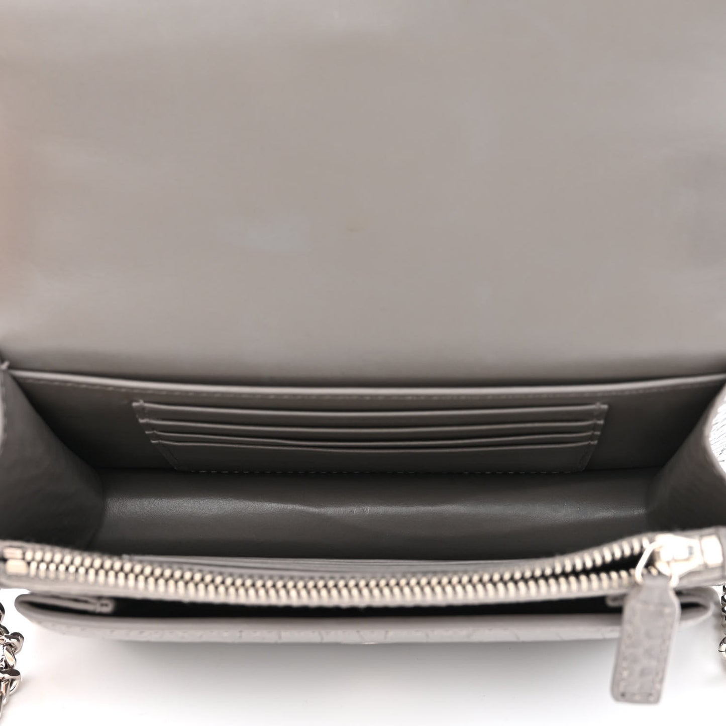 Calfskin Crocodile Embossed Monogram Sunset Chain Wallet Graphite