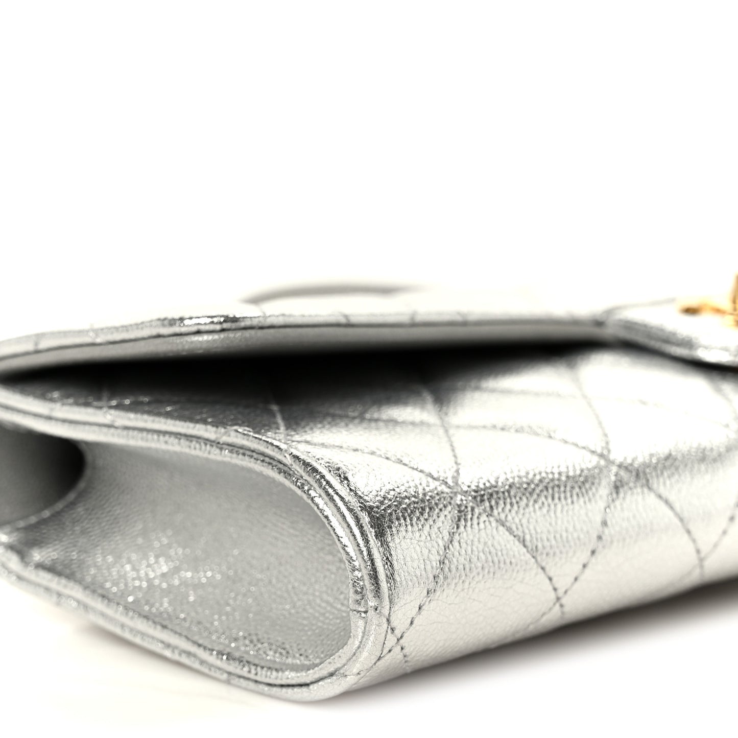 Metallic Caviar Quilted Top Handle Long Clutch With Chain Silver