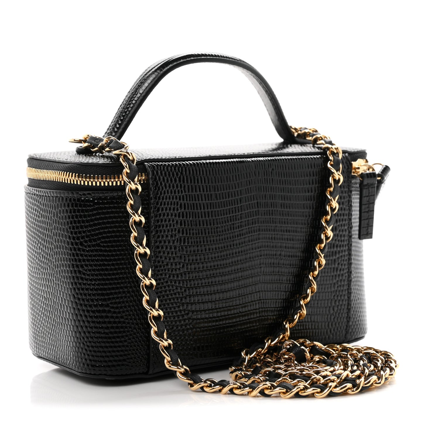 Calfskin Lizard Embossed Top Handle Vanity With Chain Black