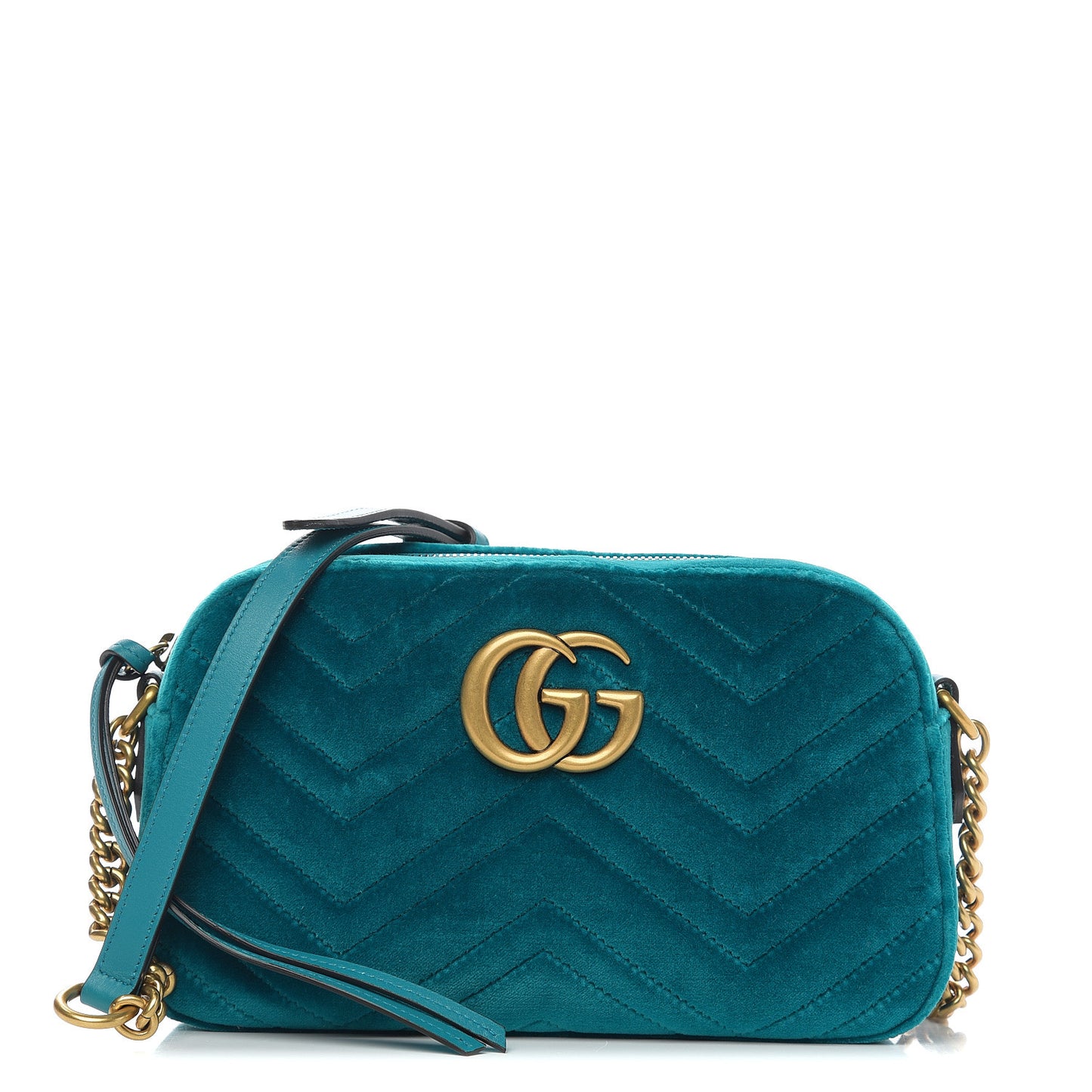Velvet Matelasse Small GG Marmont Chain Shoulder Bag Pavone Cyan
