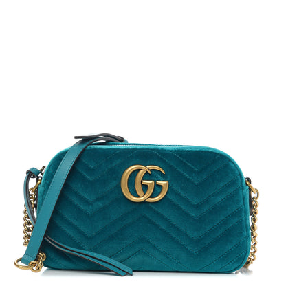 Gucci Velvet Matelasse Small GG Marmont Chain Shoulder Bag Pavone Cyan 1 of 9