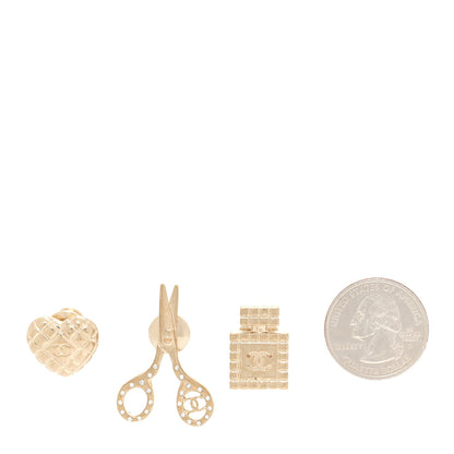 Chanel Metal Strass Crystal Quilted CC Heart Scissors Perfume Brooch Set Gold 2 of 5