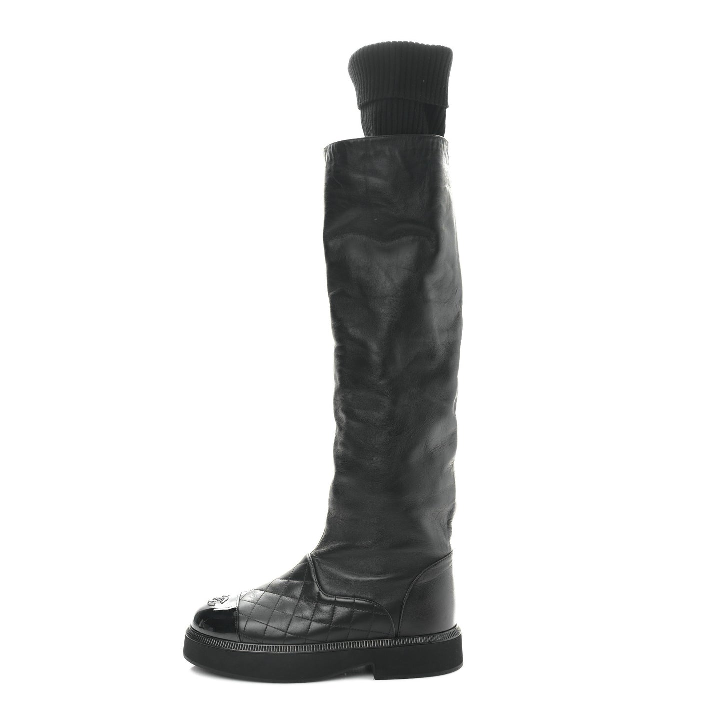 Lambskin Calfskin Quilted Knit Womens High Boots 36.5 Black