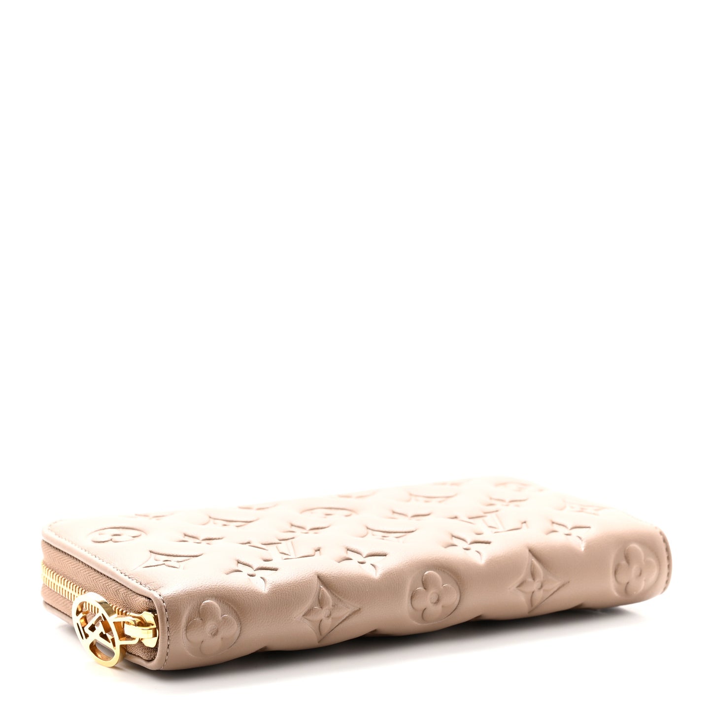 Lambskin Embossed Monogram Coussin Zippy Wallet Taupe