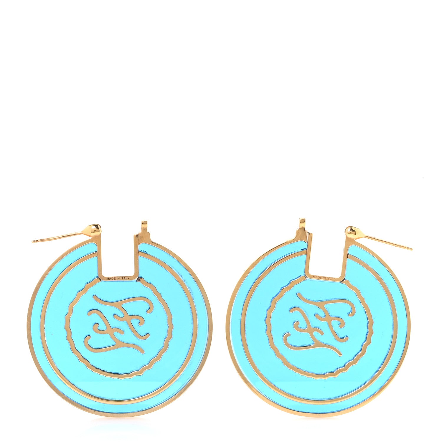 Fendi Metal Enamel Karligraphy Round Earrings Blu Royal Oro Soft 3 of 5
