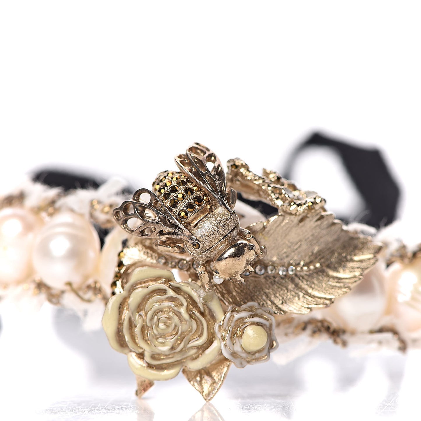 Enamel Pearl Crystal Bee CC Choker Necklace Gold