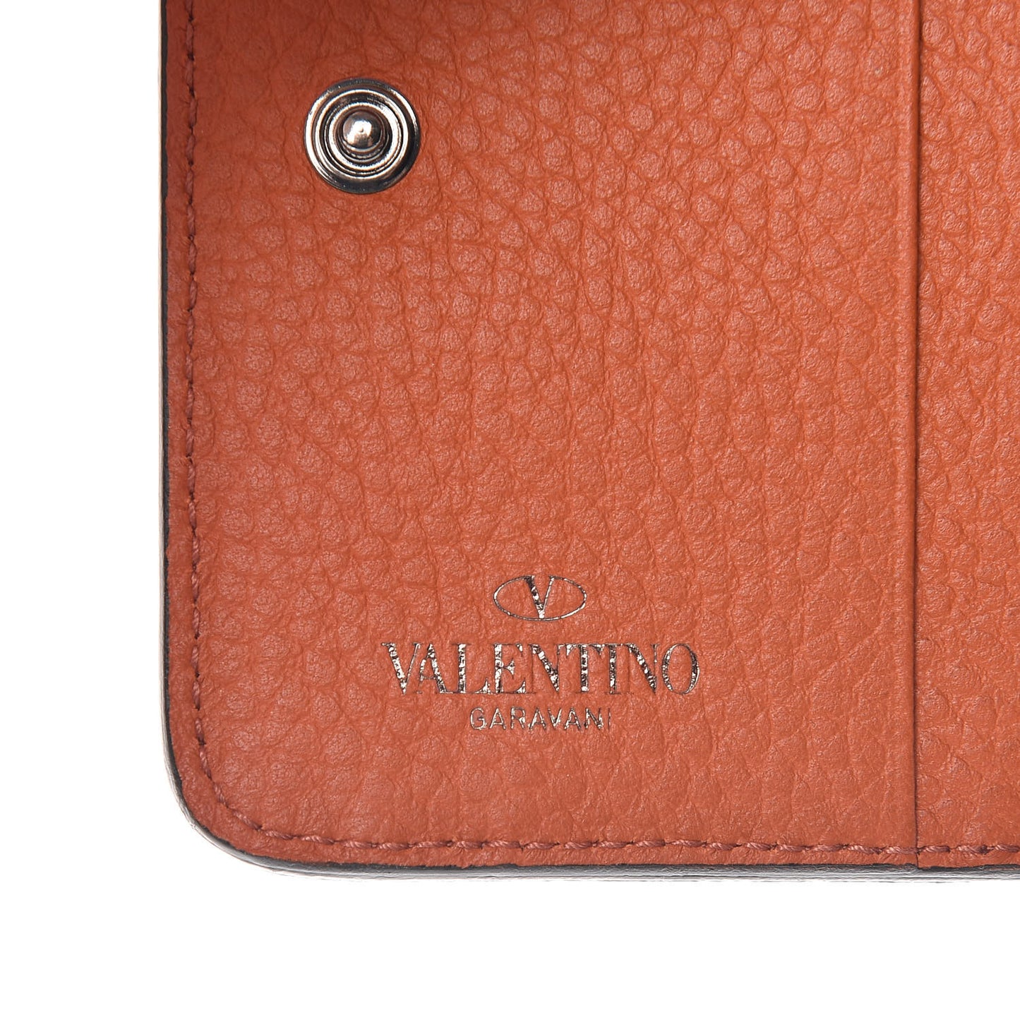 Pebbled Calfskin Rockstud Compact Zip Around Wallet Orange