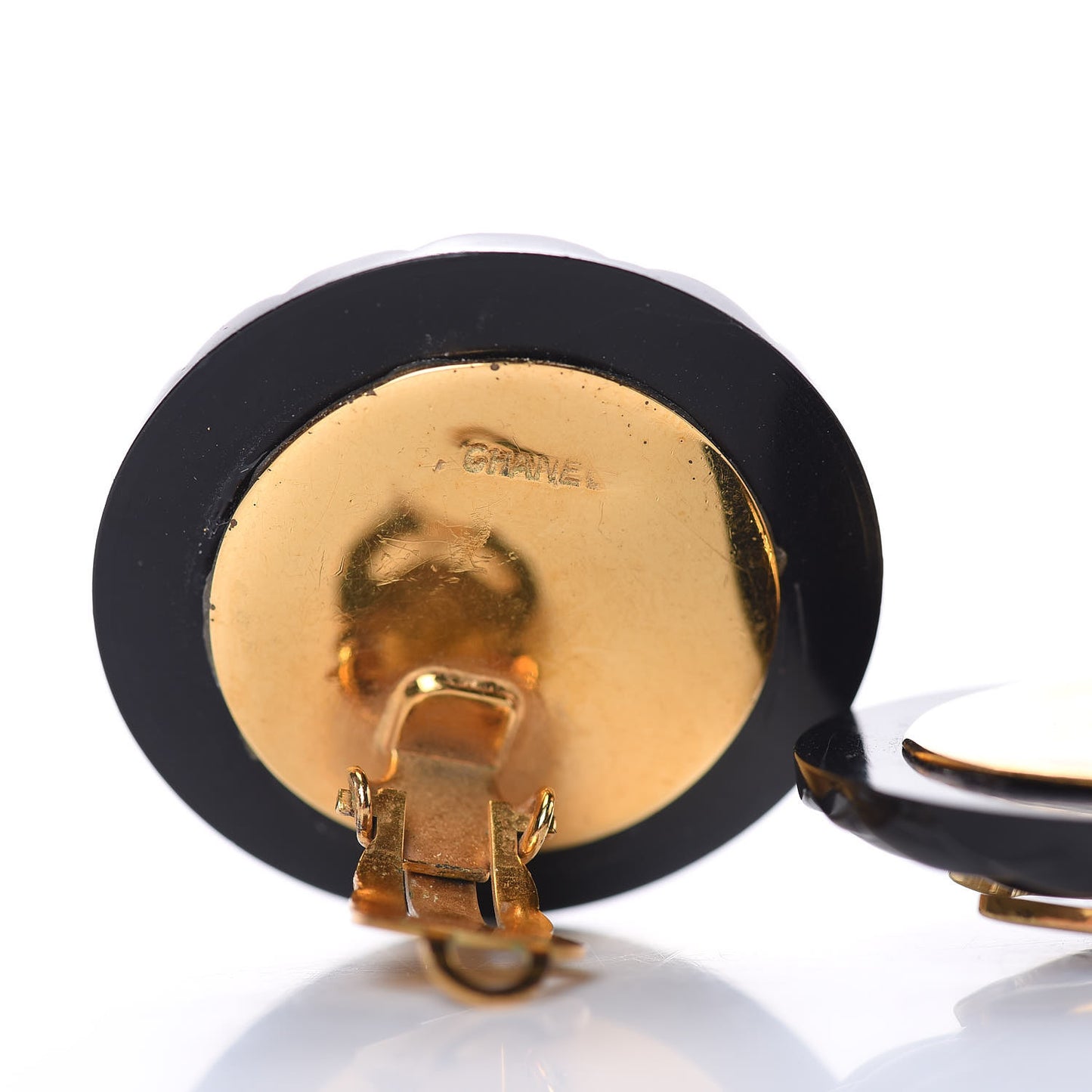 Enamel Quilted CC Clip On Earrings Black Gold