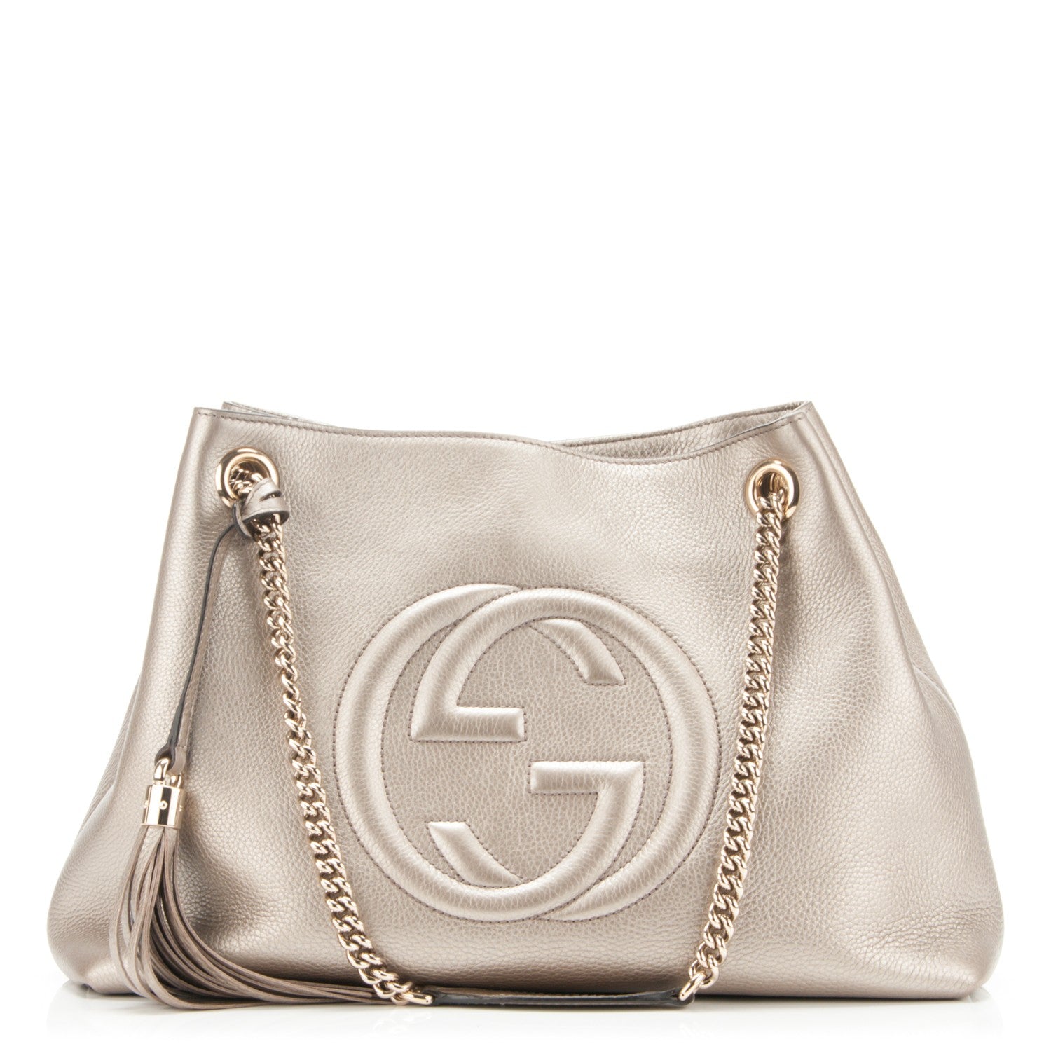 Gucci Metallic Pebbled Calfskin Medium Soho Chain Shoulder Bag Golden Beige 1 of 8