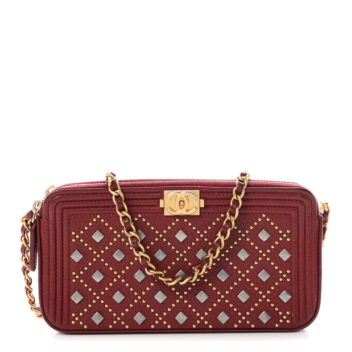Grained Calfskin Studded Small Boy Clutch With Chain Dark Red