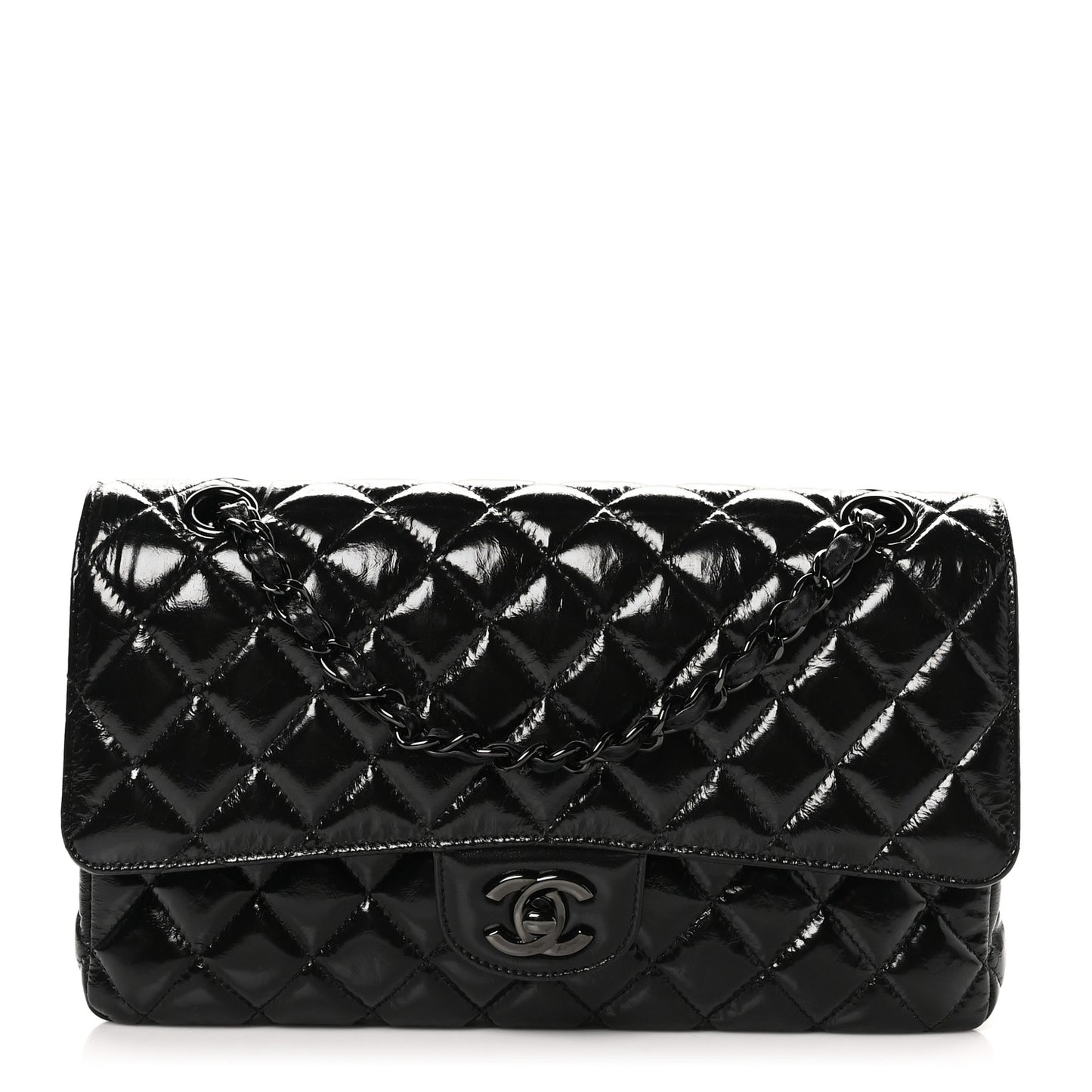 Shiny Crumpled Calfskin Quilted Medium Double Flap So Black