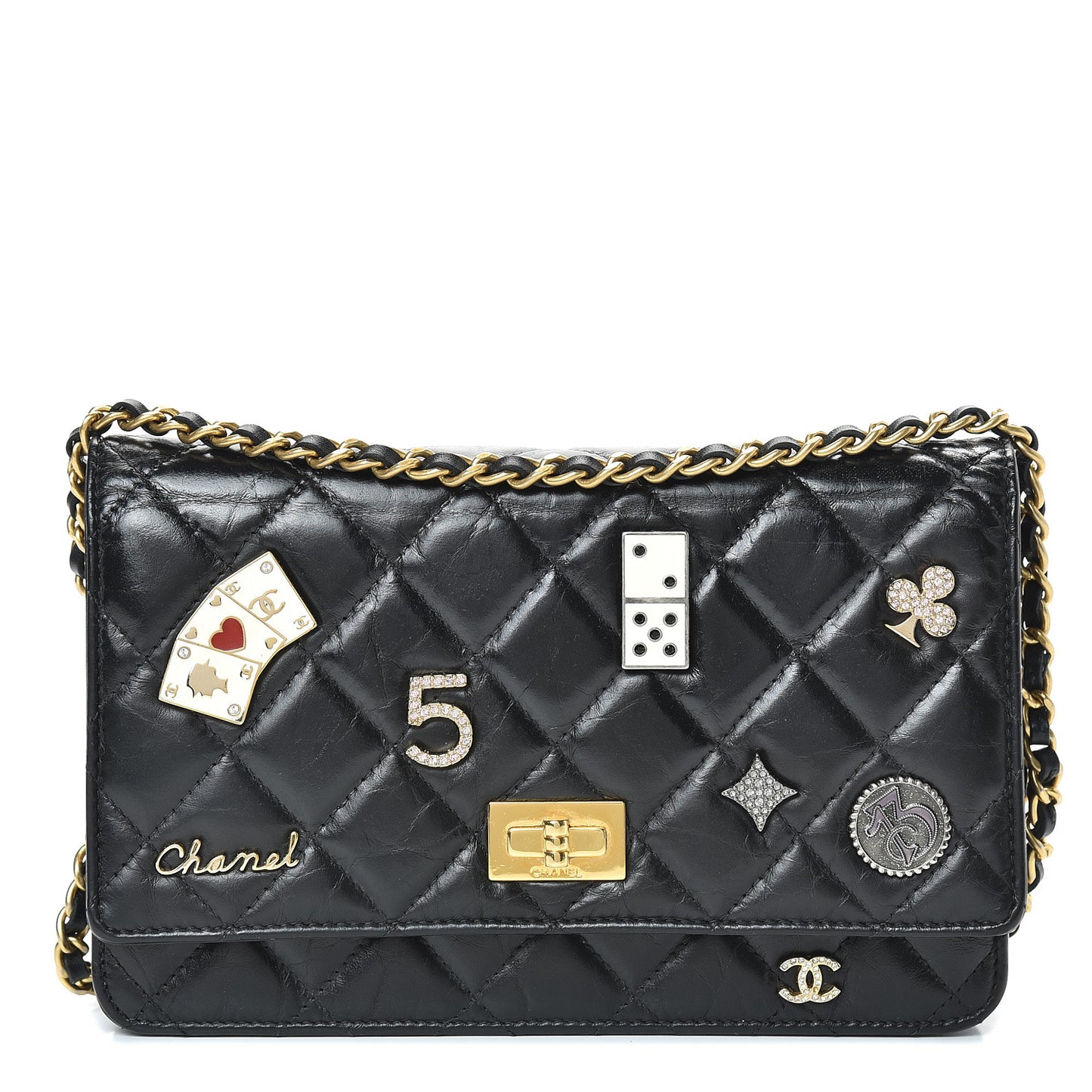 Aged Calfskin Quilted Lucky Charms Casino 2.55 Reissue Wallet On Chain WOC Black