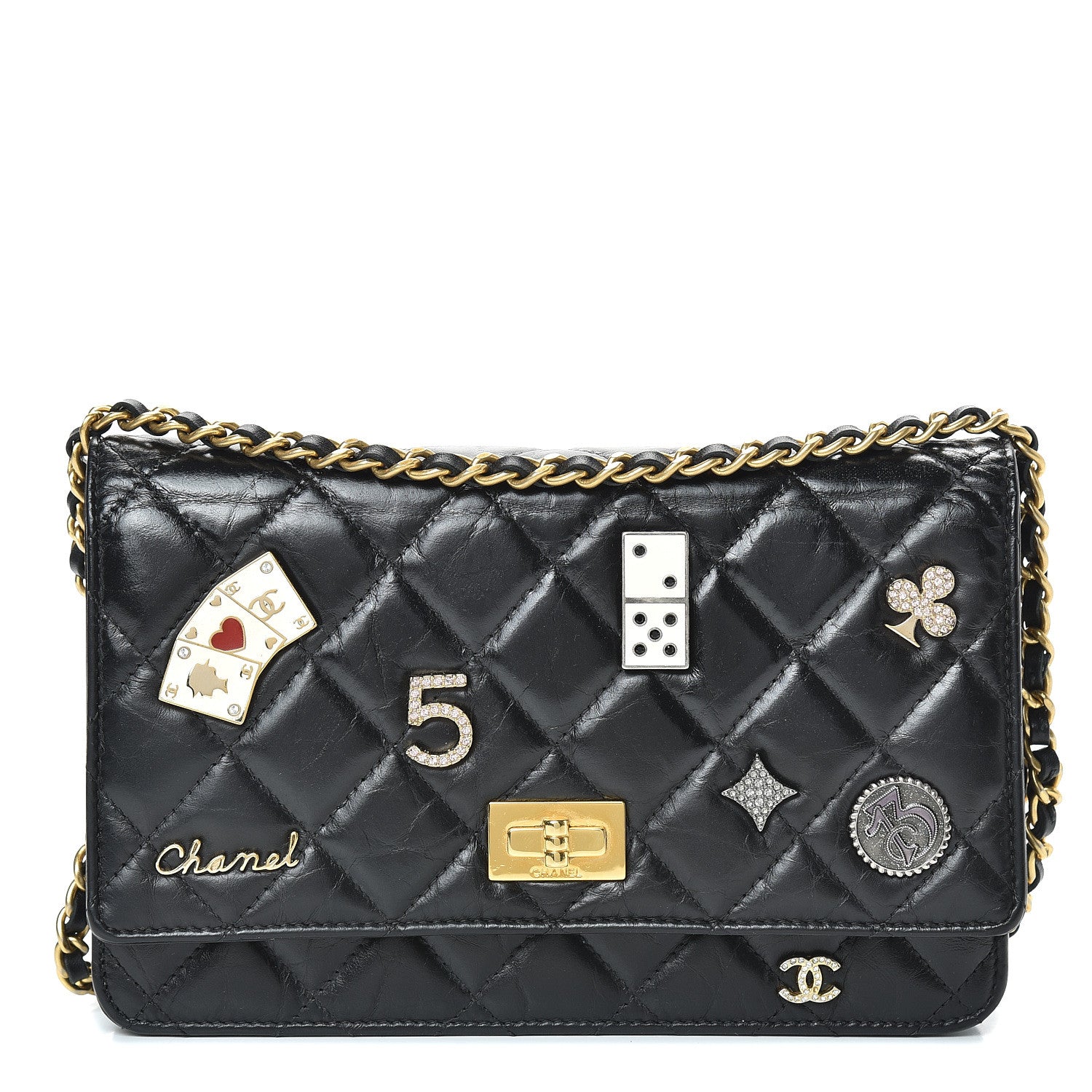 Chanel Aged Calfskin Quilted Lucky Charms Casino 2.55 Reissue Wallet On Chain WOC Black 1 of 11