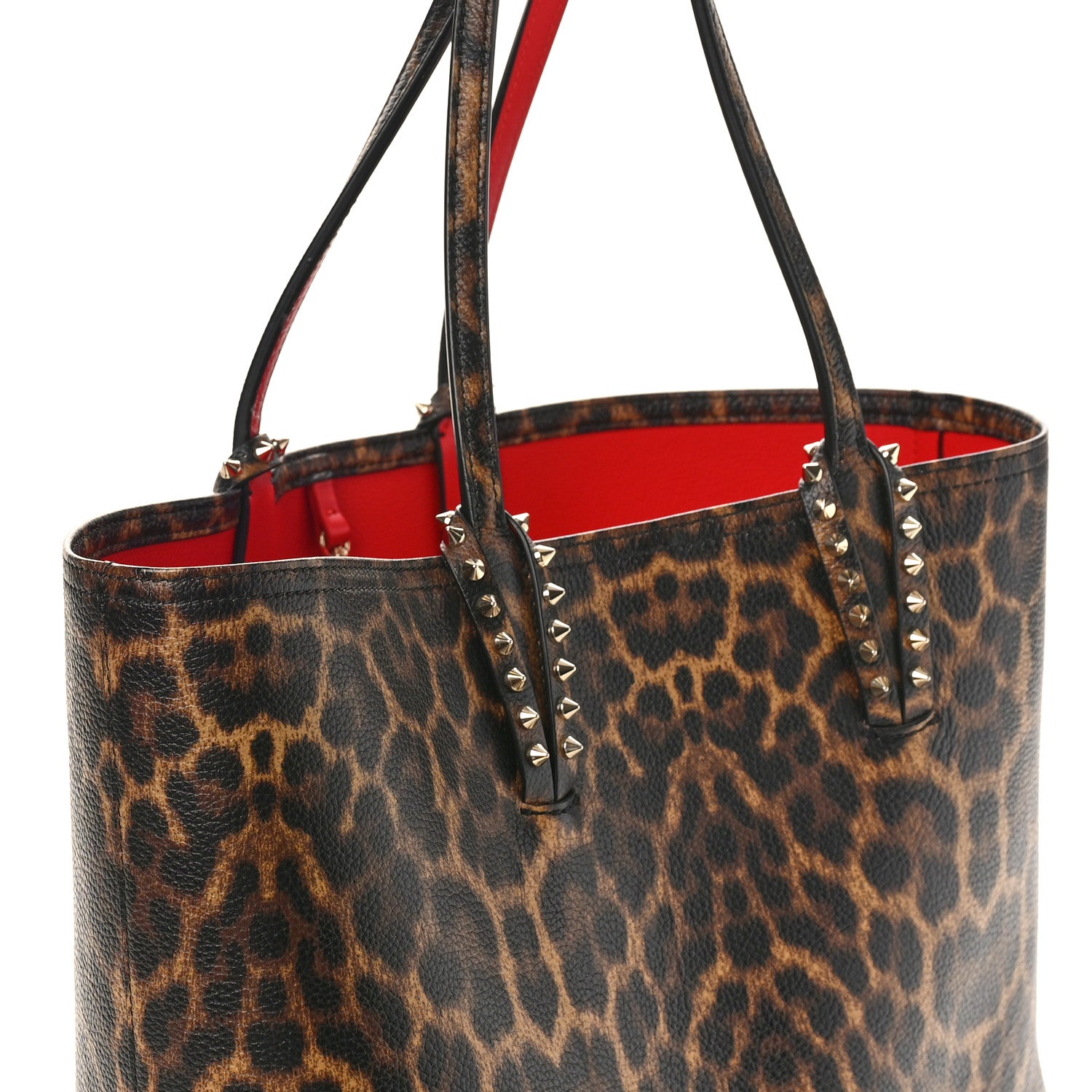 Christian Louboutin Calfskin Leopard Print Spikes East West Cabata Tote Brown 10 of 10