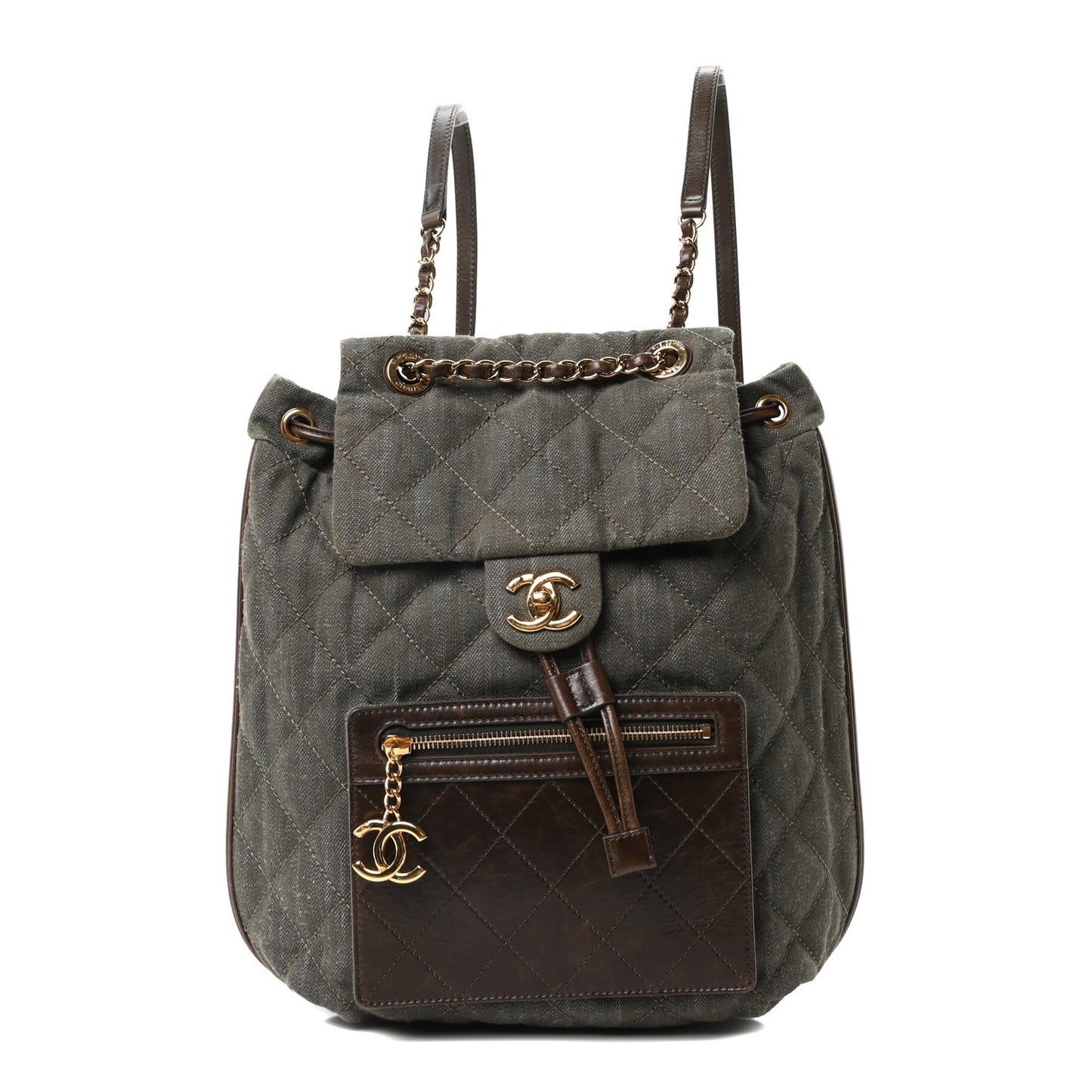 Denim Calfskin Quilted Backpack Olive Green Brown