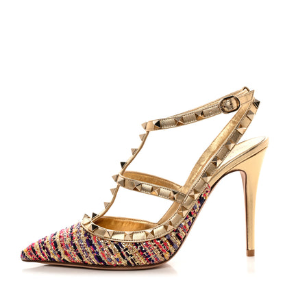 Valentino Garavani Metallic Nappa Tweed Rockstud Ankle Strap 100mm Pumps 40 Gold Multicolor 1 of 10