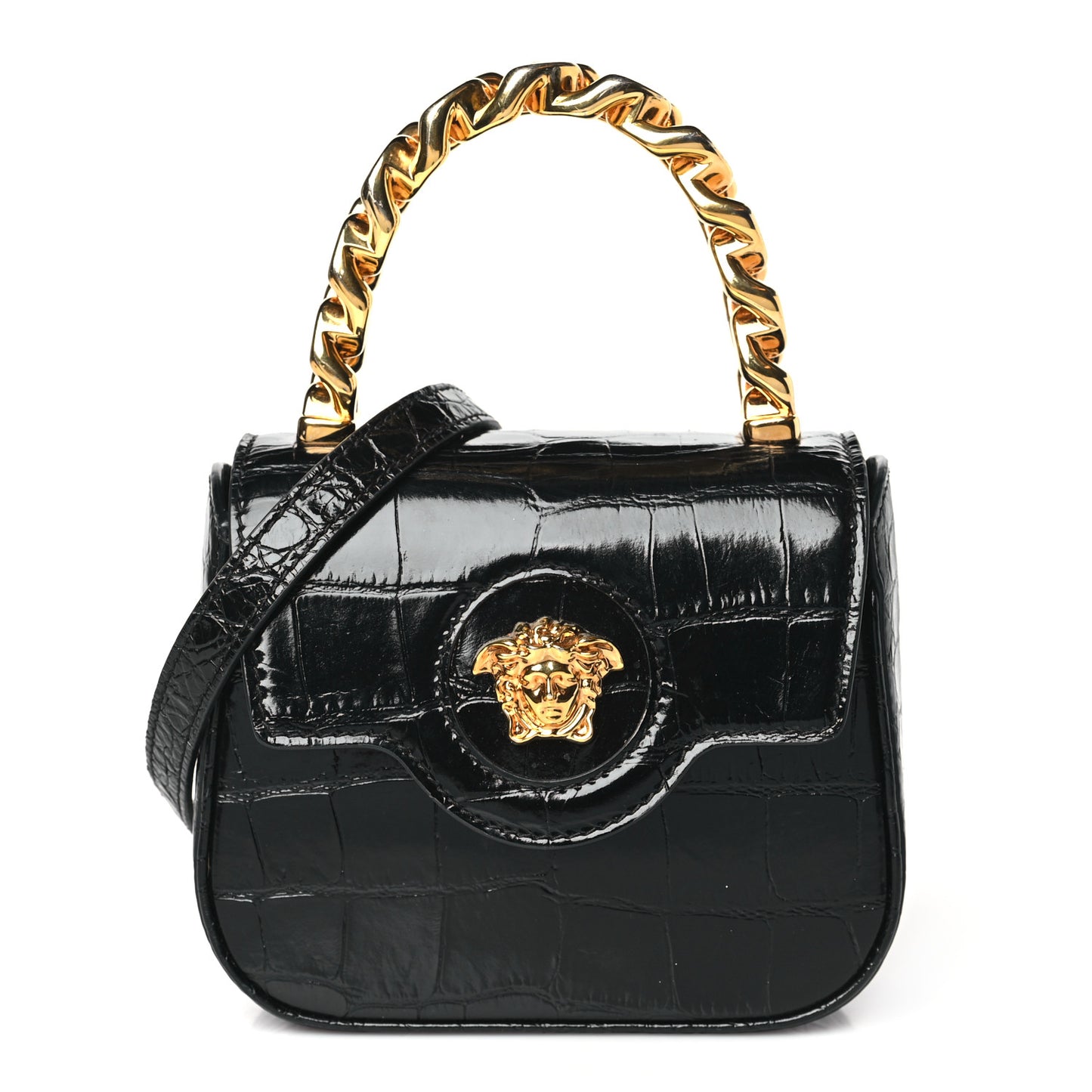 Patent Crocodile Embossed Mini La Medusa Bag Black