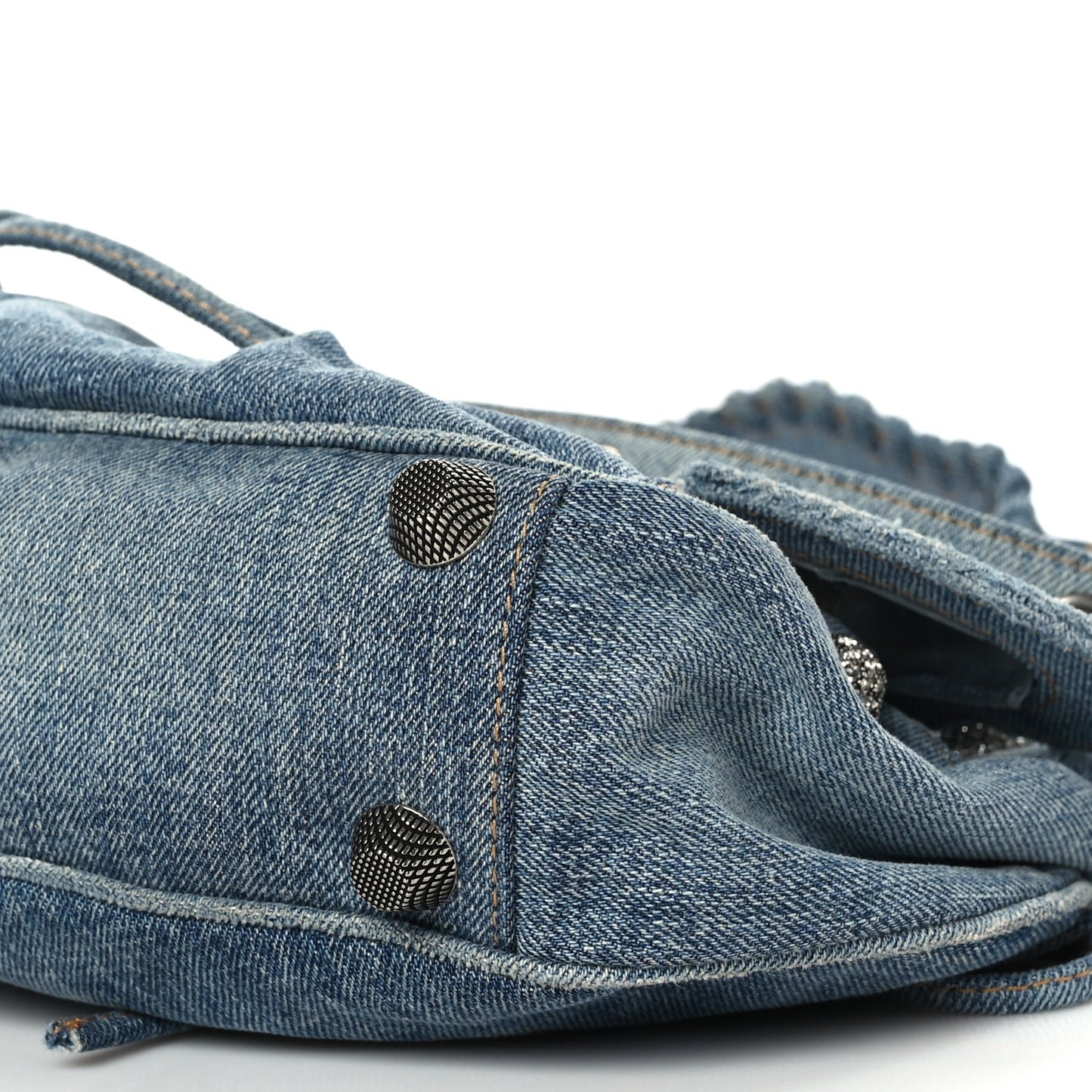 Washed Frayed Denim Crystal Small Le Cagole Shoulder Bag Blue