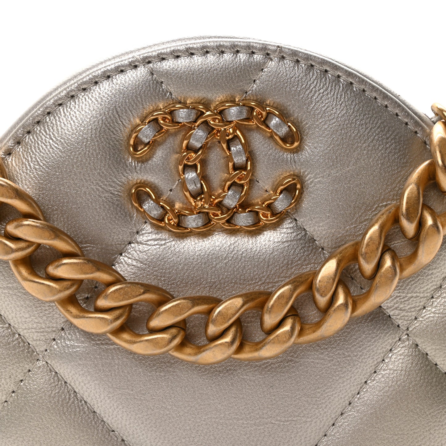 Metallic Lambskin Quilted Chanel 19 Round Clutch With Chain Silver