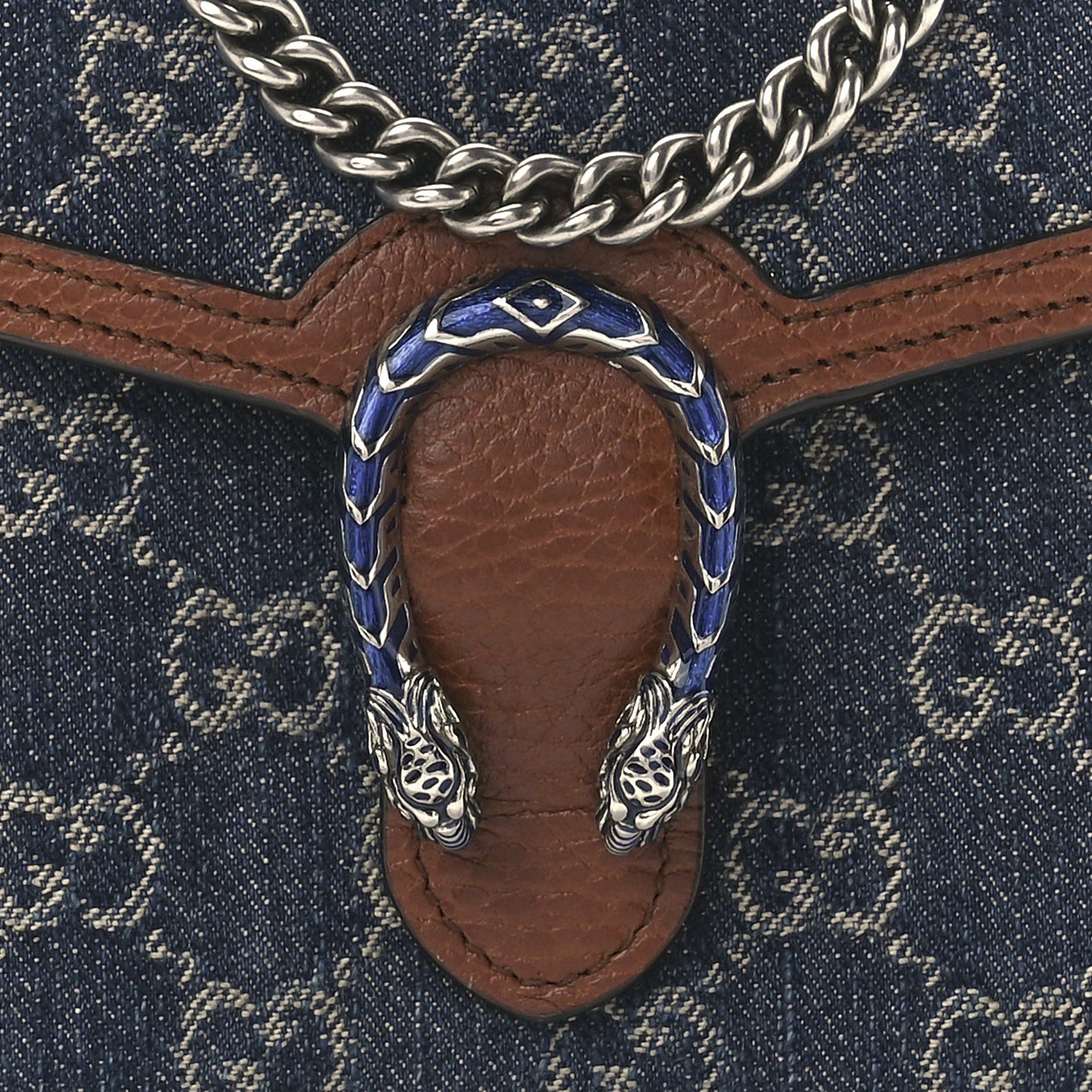 New Denim GG Monogram Dollar Calfskin Enamel Mini Dionysus Chain Wallet Blue Tea Cuir Epilog Electric Blue