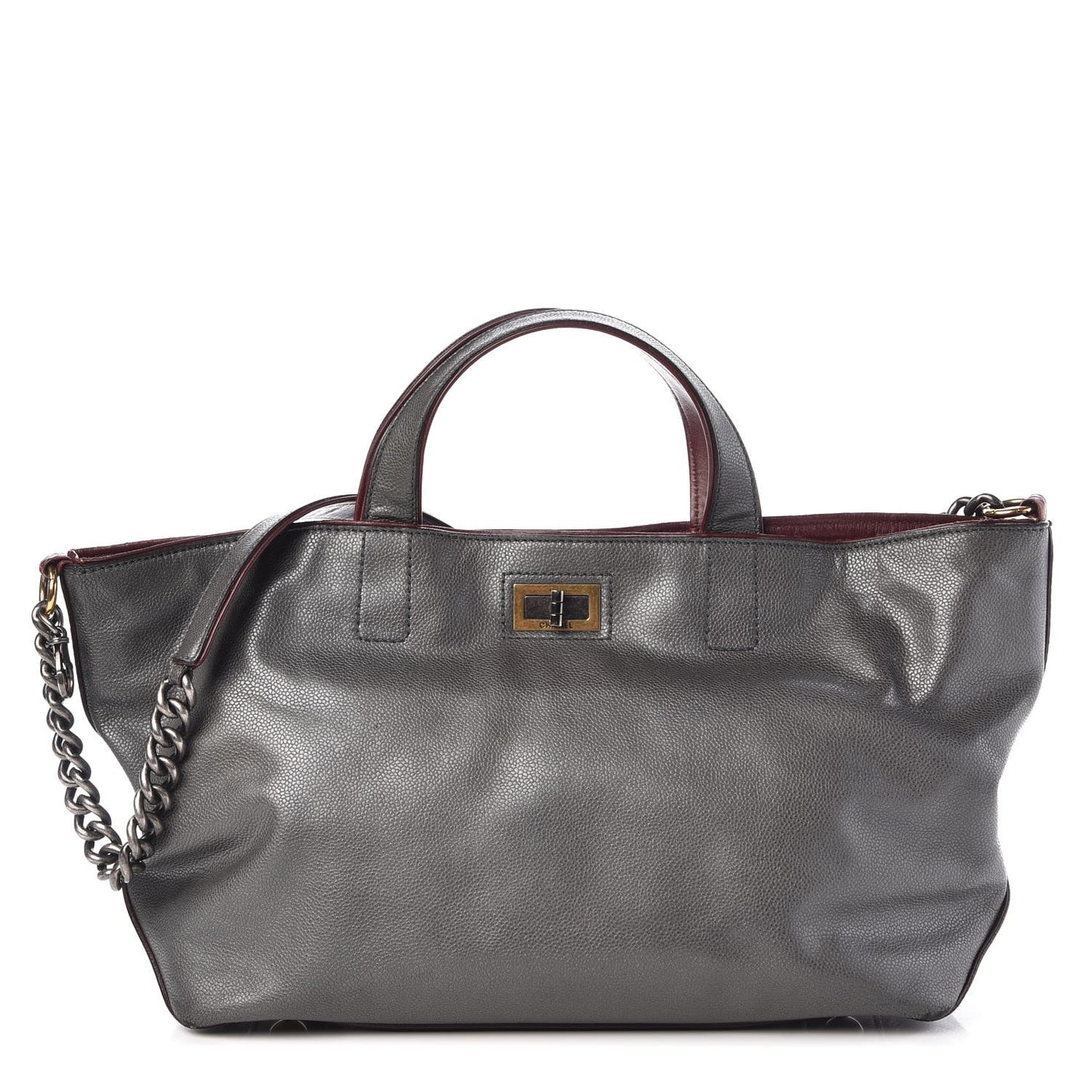 Metallic Caviar Mademoiselle Lock Cerf Shopper Tote Silver