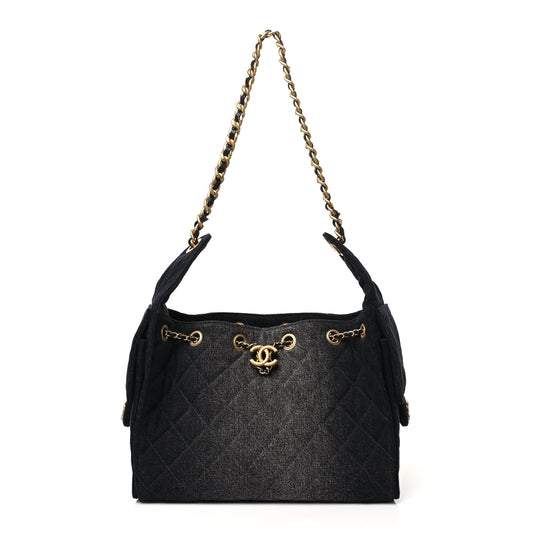 Washed Denim Quilted Small Chanel 25 Handbag Black