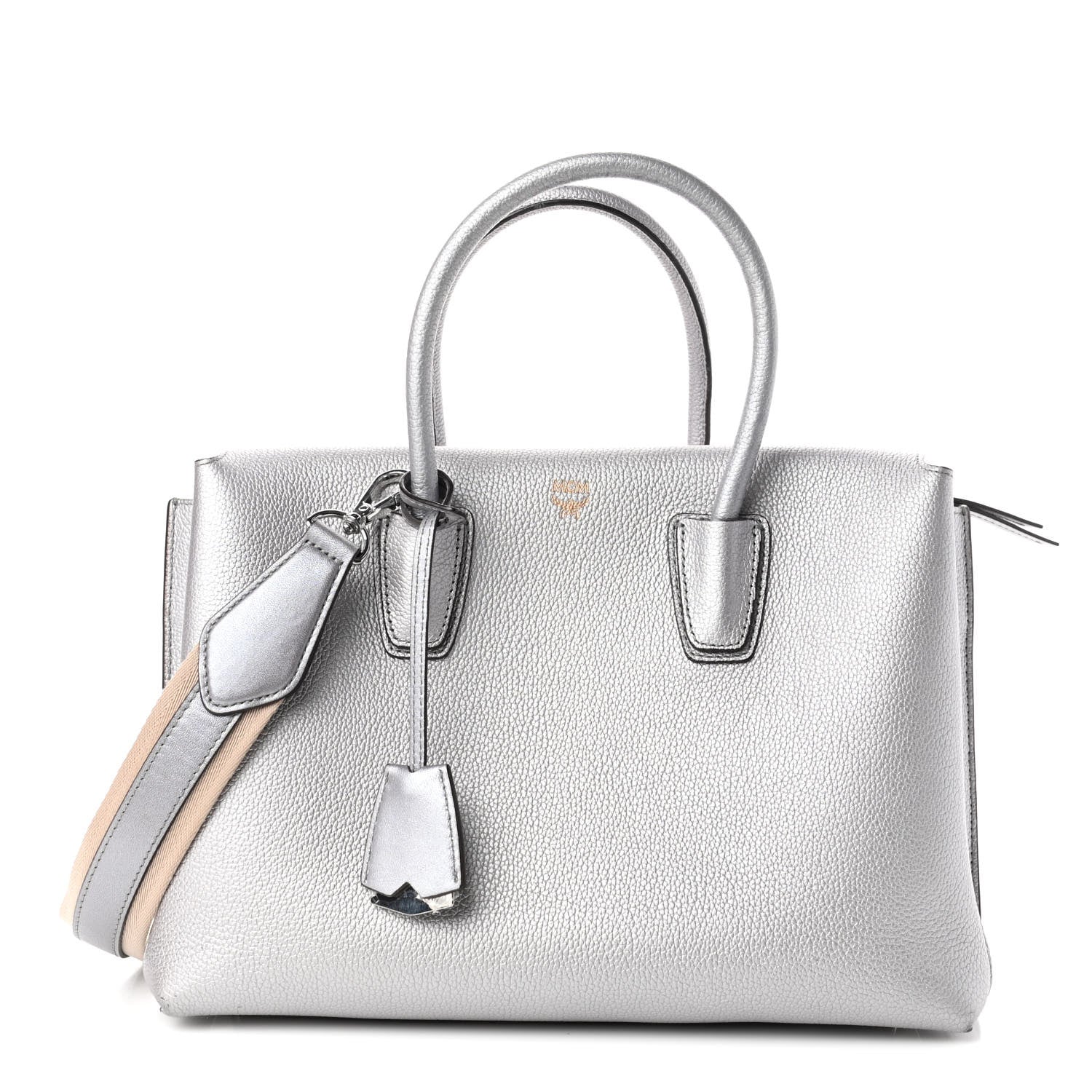 MCM Metallic Grained Calfskin Medium Milla Tote Spike Silver 1 of 4