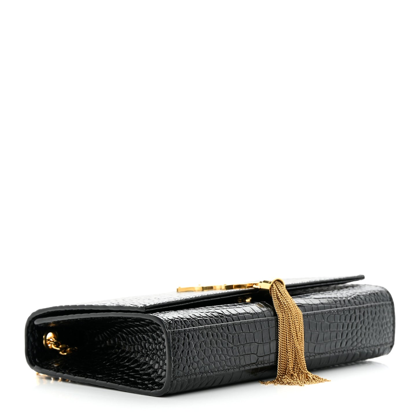 Calfskin Crocodile Embossed Medium Classic Monogram Kate Tassel Satchel Black