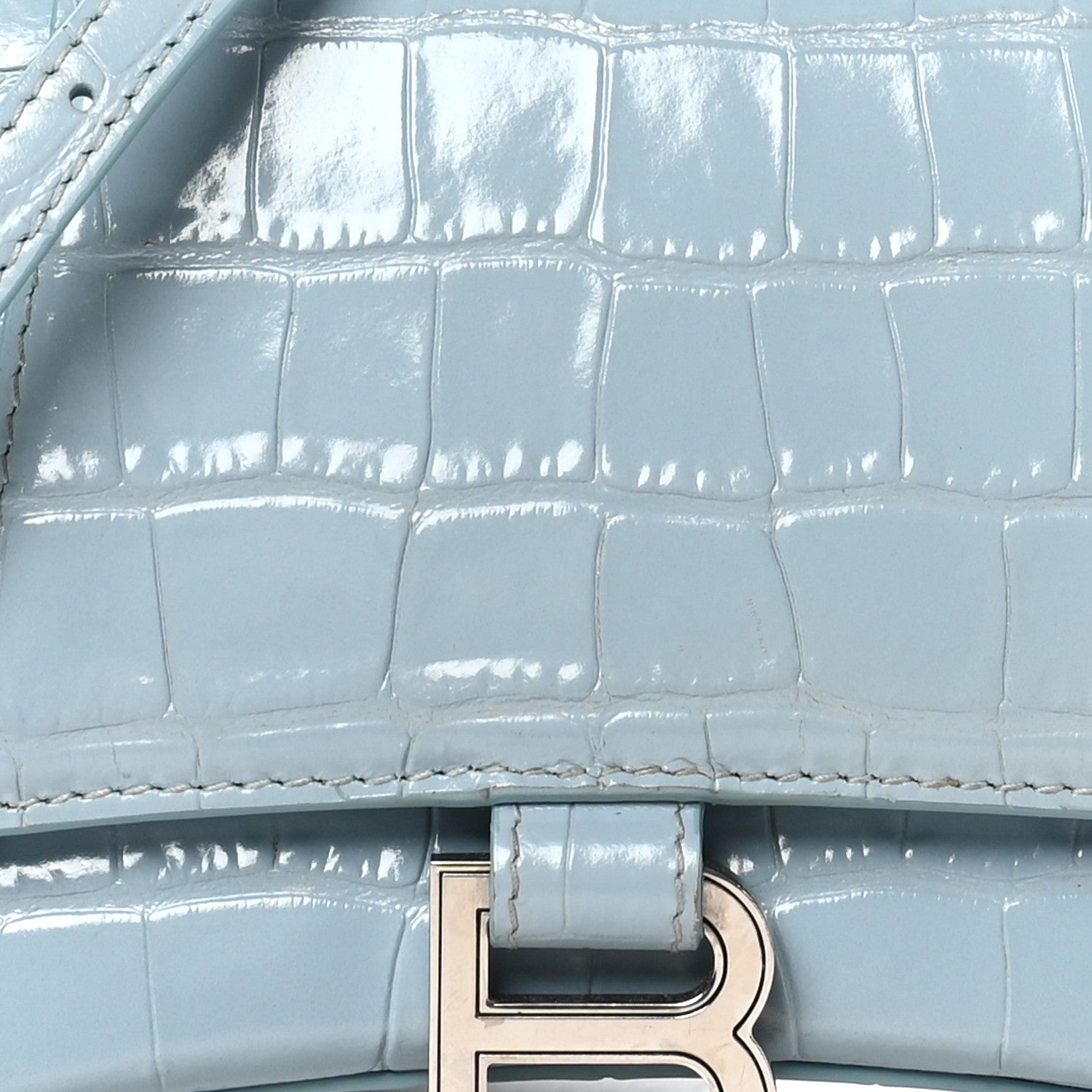 Balenciaga Shiny Calfskin Crocodile Embossed Small Hourglass Top Handle Bag Blue Grey 8 of 11