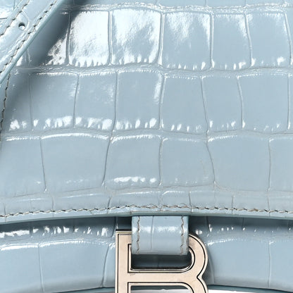 Balenciaga Shiny Calfskin Crocodile Embossed Small Hourglass Top Handle Bag Blue Grey 8 of 11