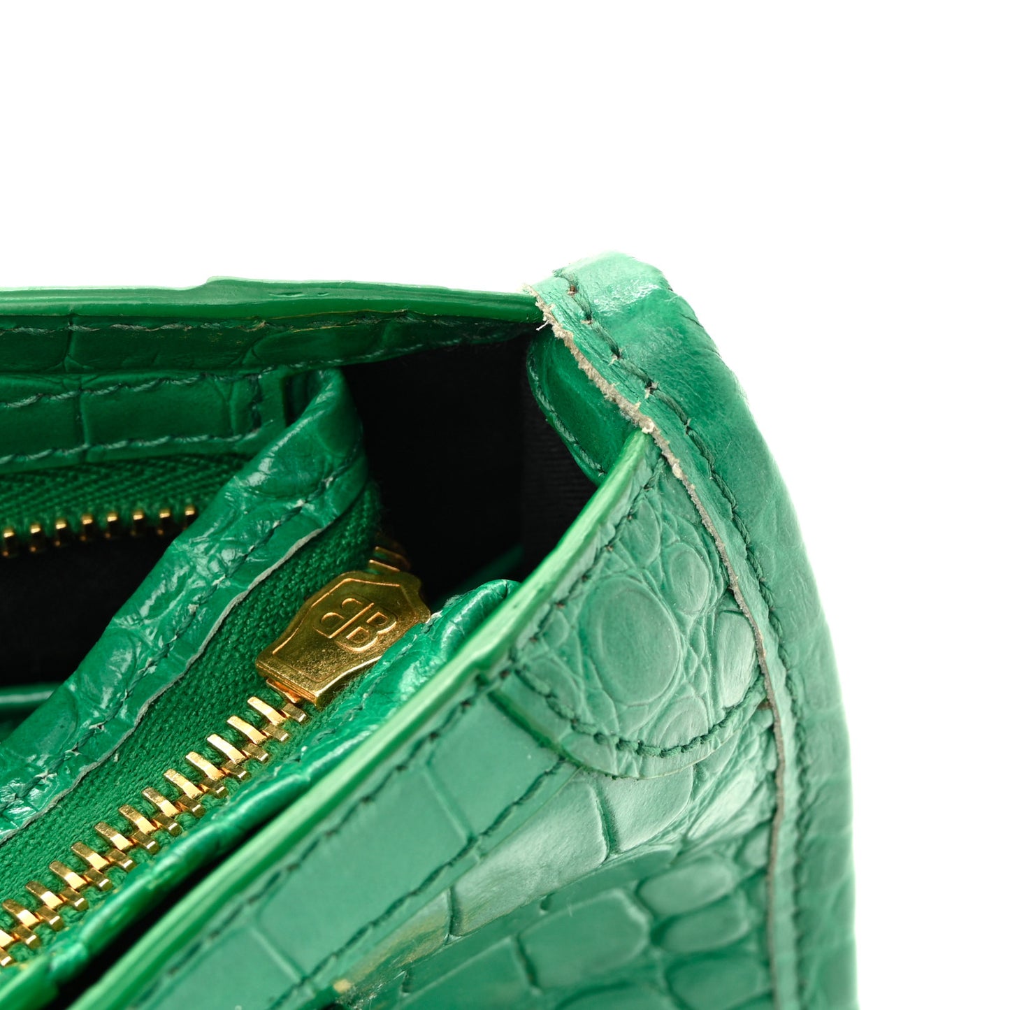 Shiny Supple Calfskin Crocodile Embossed Gold Metallic Edge Hardware Nano City Leaf Green