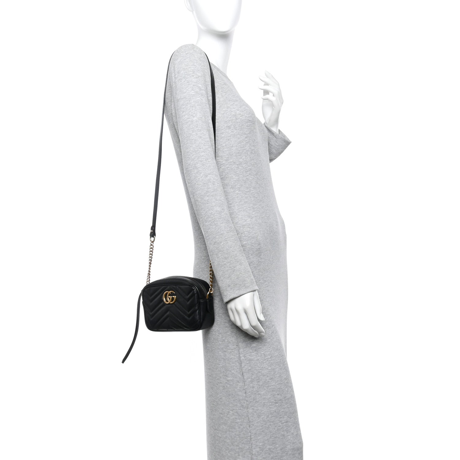 Gucci Calfskin Matelasse Mini GG Marmont Chain Shoulder Bag Black 2 of 10