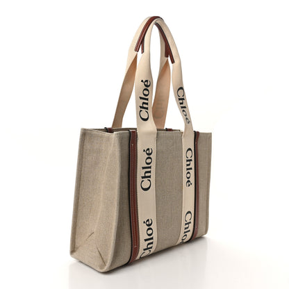 Chloe Linen Calfskin Medium Woody Ribbon Tote White Brown 3 of 10
