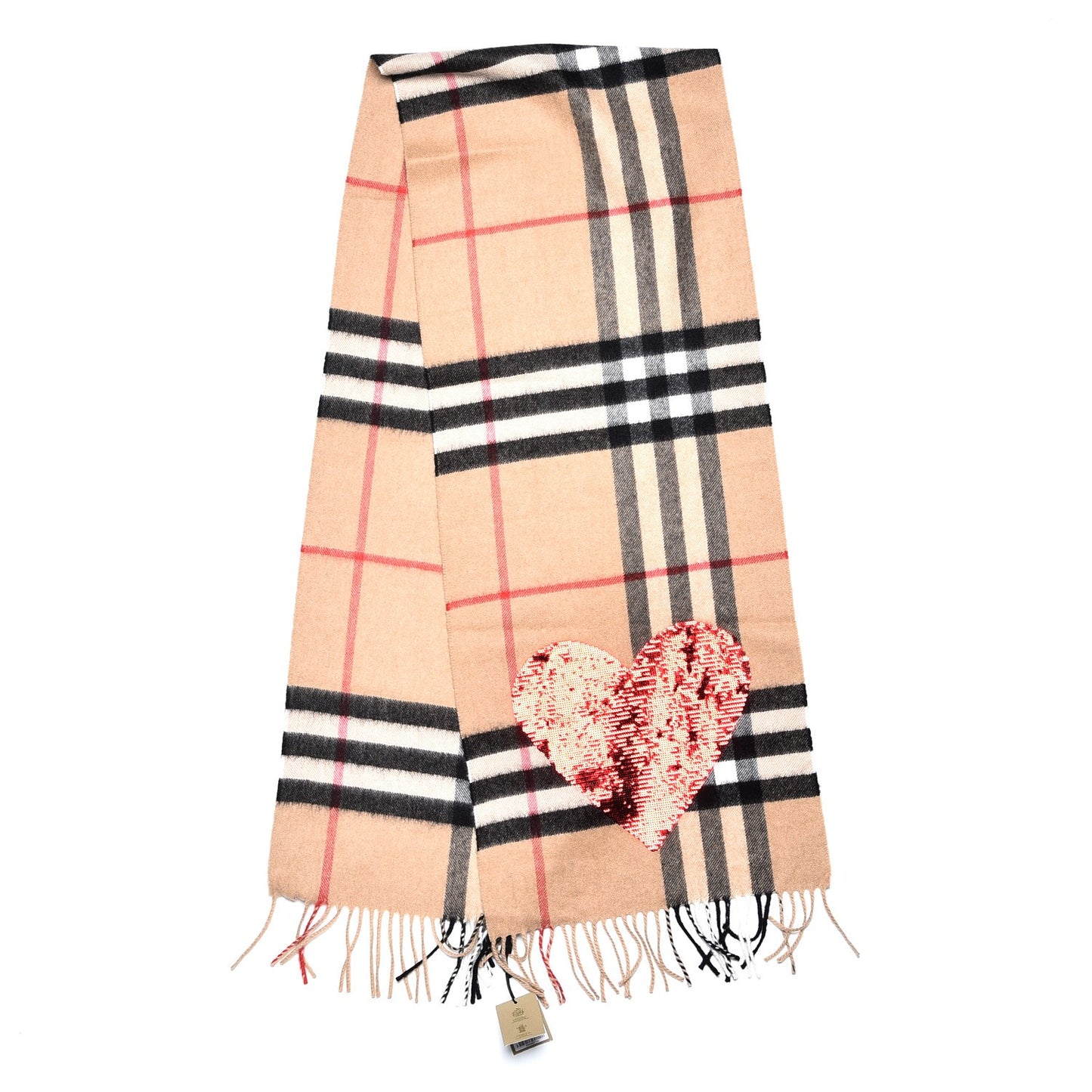 Cashmere Sequin Giant Check Heart Fringe Scarf Camel Red