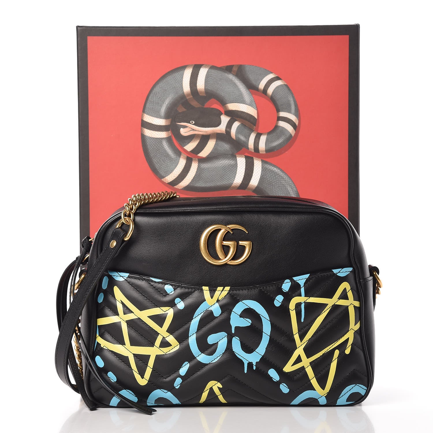 Gucci Calfskin Matelasse GucciGhost Medium GG Marmont Chain Shoulder Bag Black New Acquamarine 11 of 11