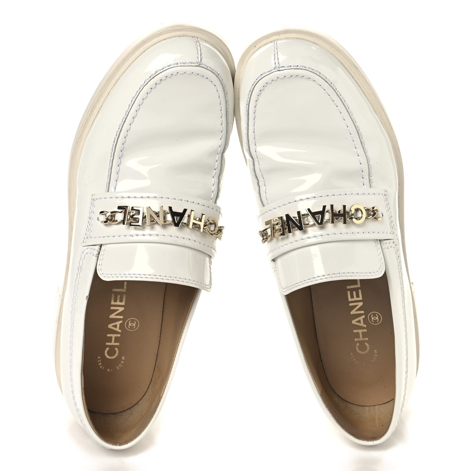 Chanel Shiny Calfskin Logo Loafers 41 White 1726157 – FASHIONPHILE