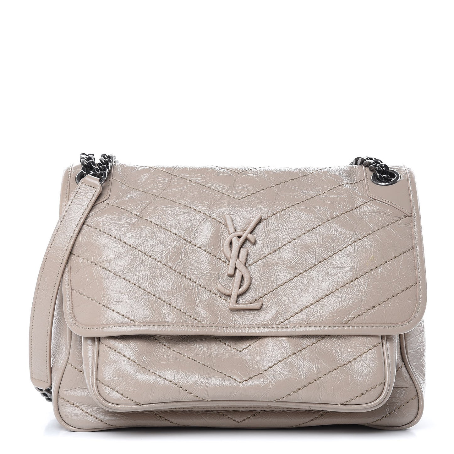 Crinkled Calfskin Matelasse Monogram Medium Niki Chain Satchel Light Natural