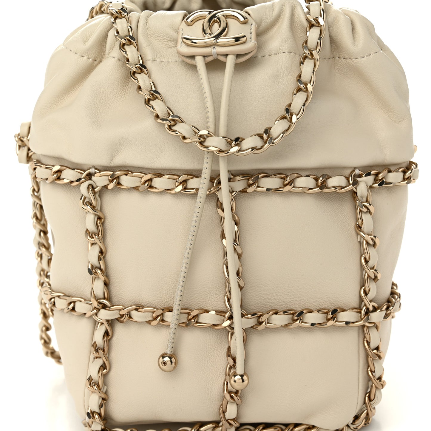 Lambskin Bucket Chain Drawstring Bag Beige