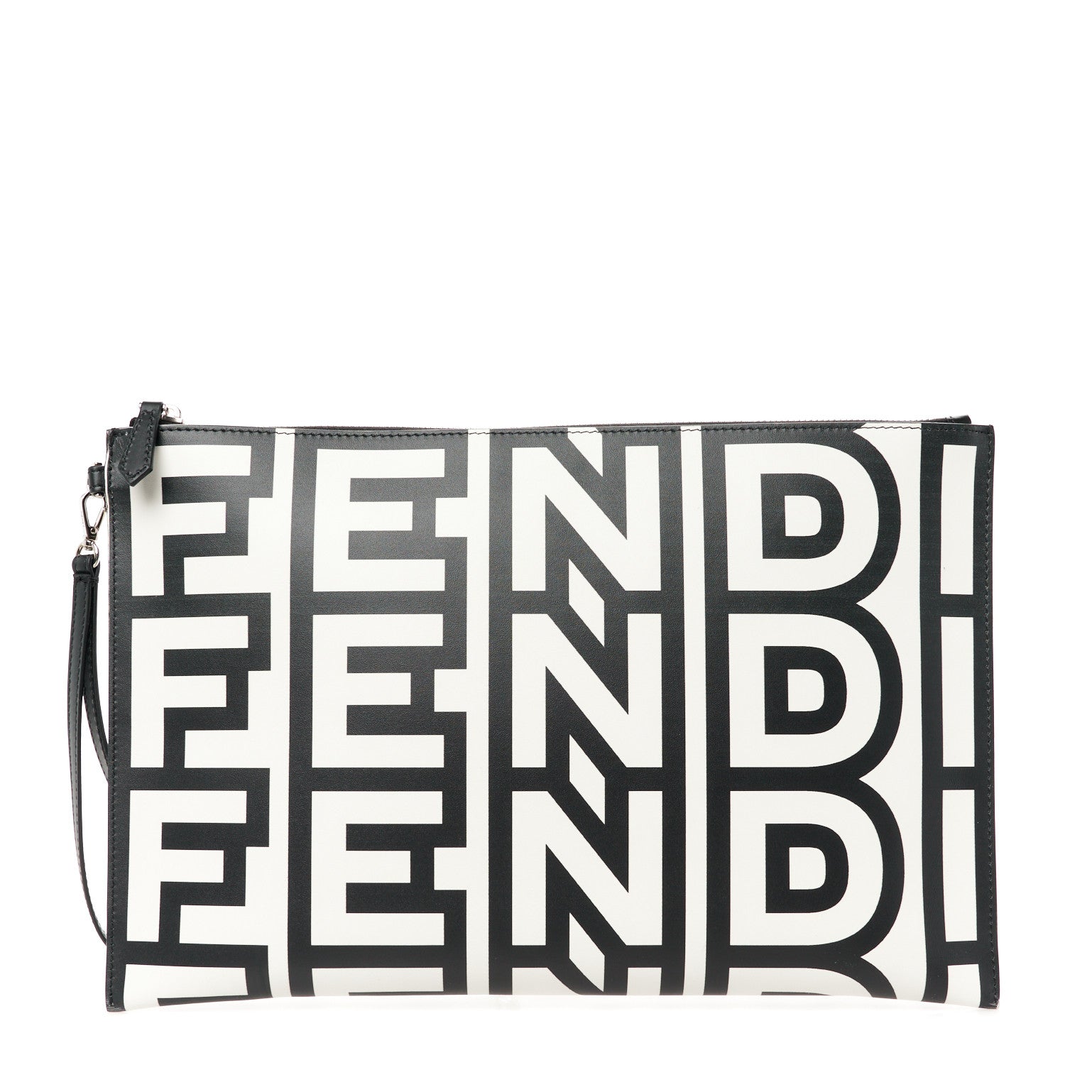 Fendi X MARC JACOBS Nappa Vitello King Logo Print Large Flat Pouch Black White 1 of 9