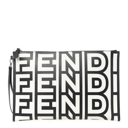 Fendi X MARC JACOBS Nappa Vitello King Logo Print Large Flat Pouch Black White 1 of 9