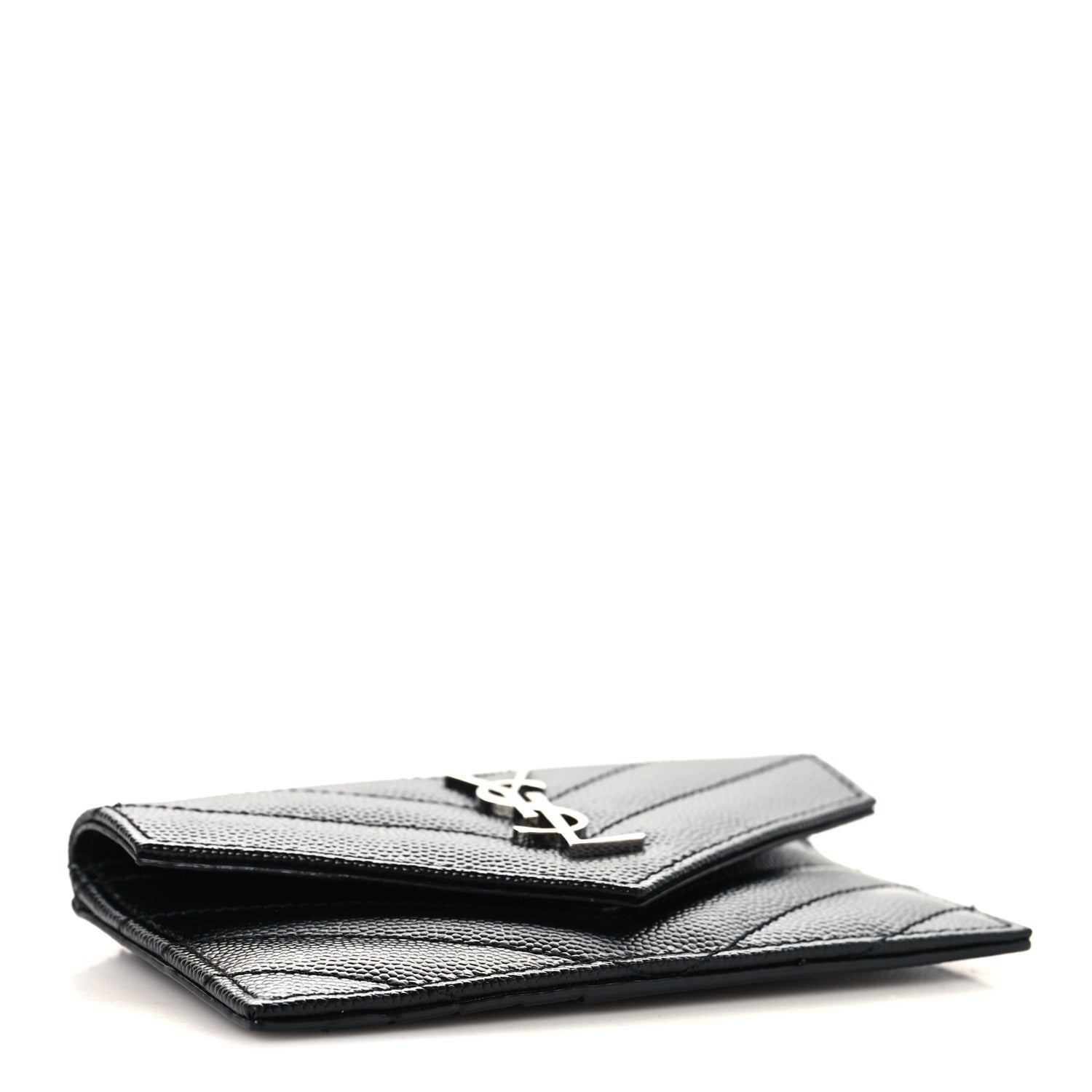 Saint Laurent Grain De Poudre Matelasse Chevron Monogram Compact Wallet Black 4 of 7