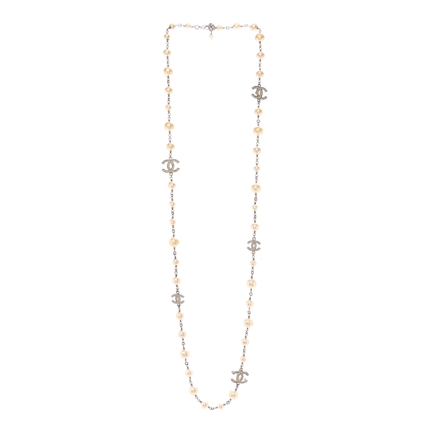 Graduated Pearl Crystal CC Long Necklace Silver