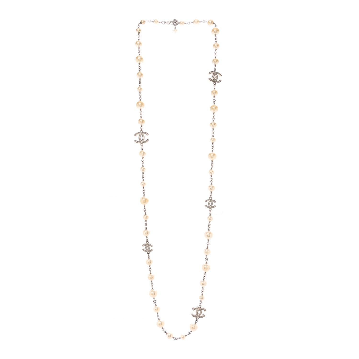 Chanel Graduated Pearl Crystal CC Long Necklace Silver 3 of 7