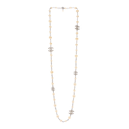 Chanel Graduated Pearl Crystal CC Long Necklace Silver 3 of 7